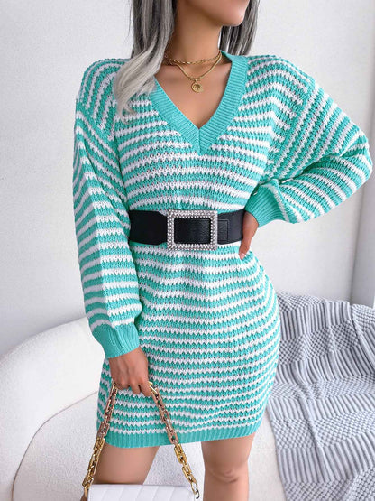 Sarah Express Women's Striped Lace-Up Knitted Dress - Long Sleeve Ribbed Sweater Dress Cyan