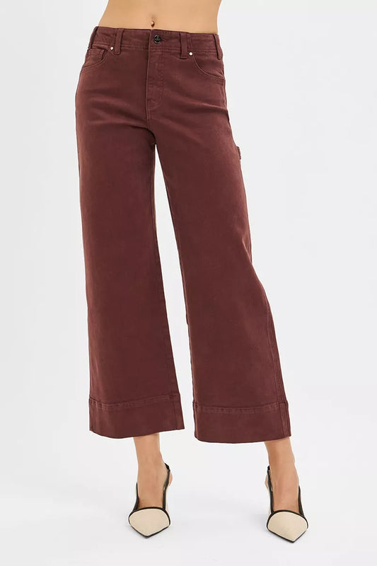 Sarah Express Women's Tummy Control High Rise Crop Wide Leg Pants CHOCO BROWN