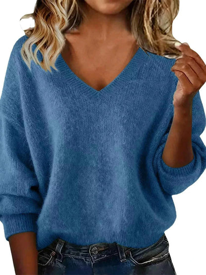 Sarah Express Women's V-Neck Dropped Shoulder Sweater - Plus Size Blue