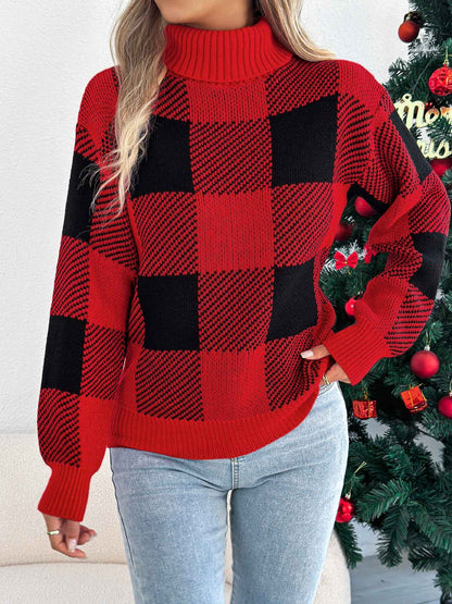 Sarah Express Women's Color Block Plaid Turtleneck Sweater - Lantern Sleeve Pullover