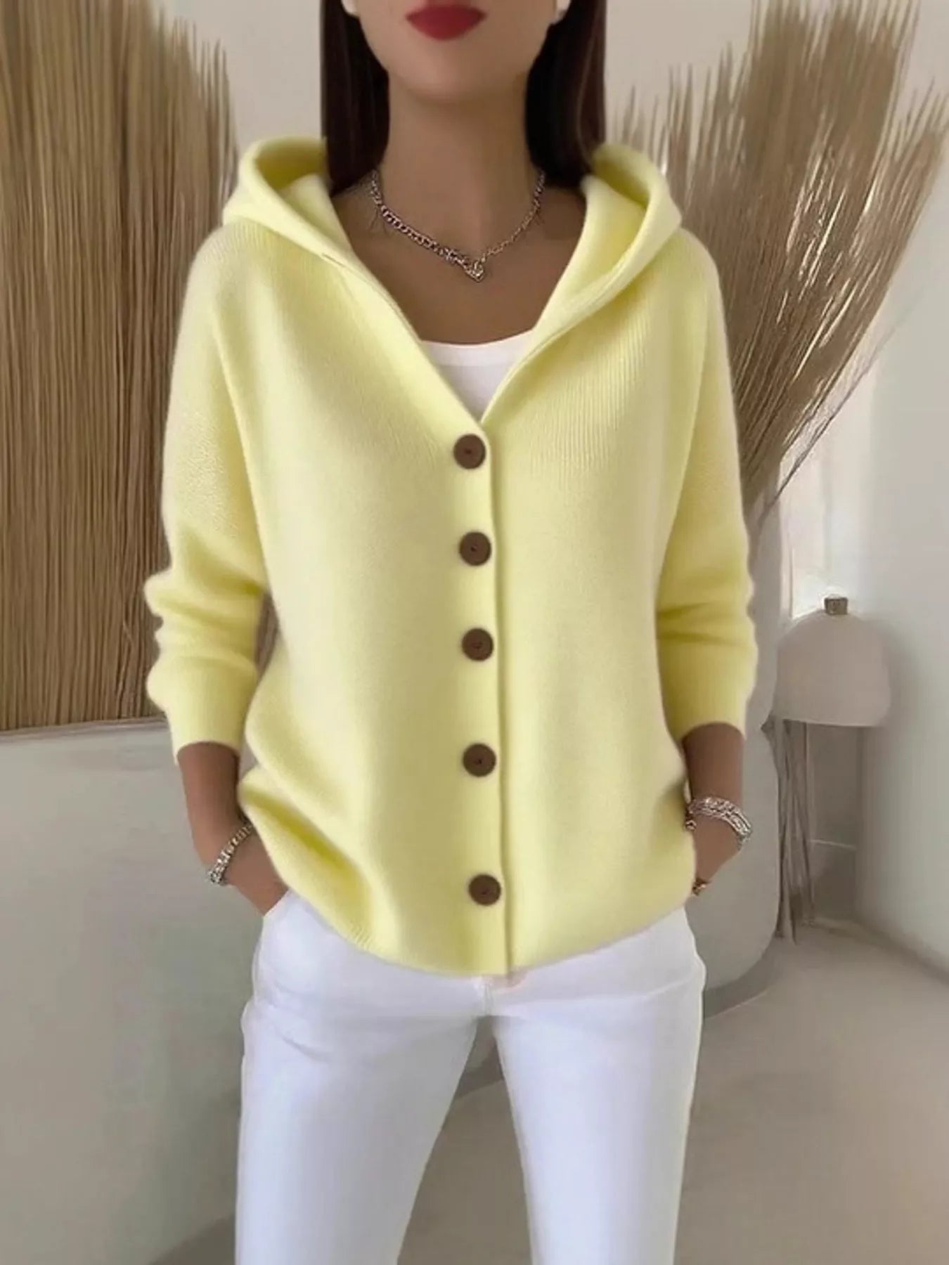 Sarah Express Women's Hooded Button-Down Knit Cardigan Beige