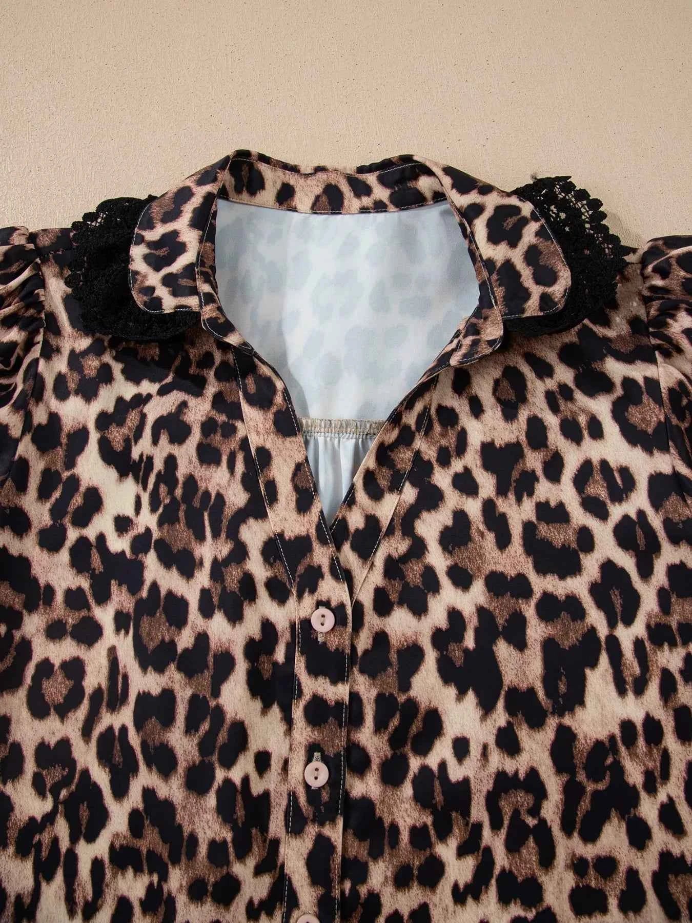 Sarah Express Women's Leopard Print Button Down Lace Trim Short Sleeve Shirt