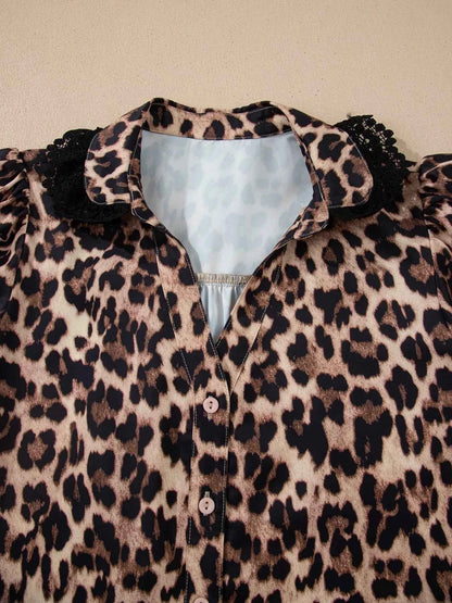 Sarah Express Women's Leopard Print Button Down Lace Trim Short Sleeve Shirt