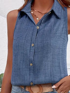 Sarah Express Women's Sleeveless Button Front Collar Blouse Summer Top
