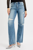 Sarah Express Women’s Plus Size Mid Rise Wide Leg Tie-Washed Jeans
