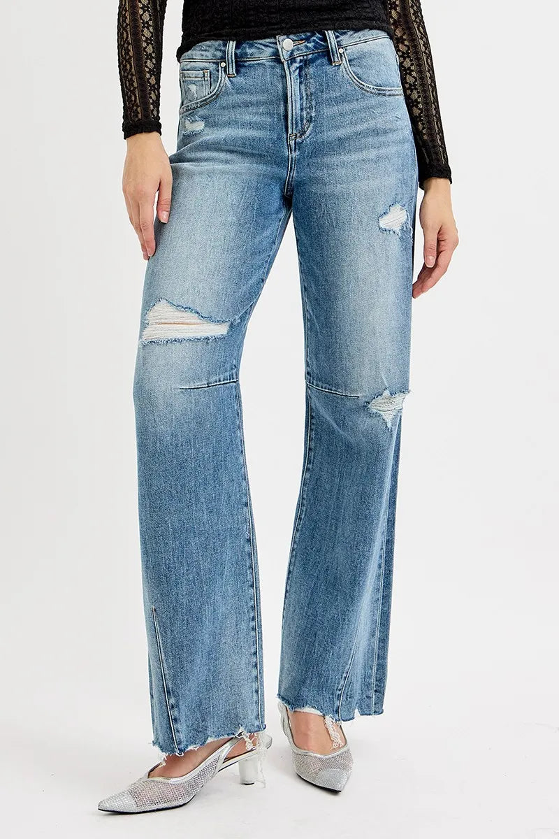 Sarah Express Women’s Plus Size Mid Rise Wide Leg Tie-Washed Jeans
