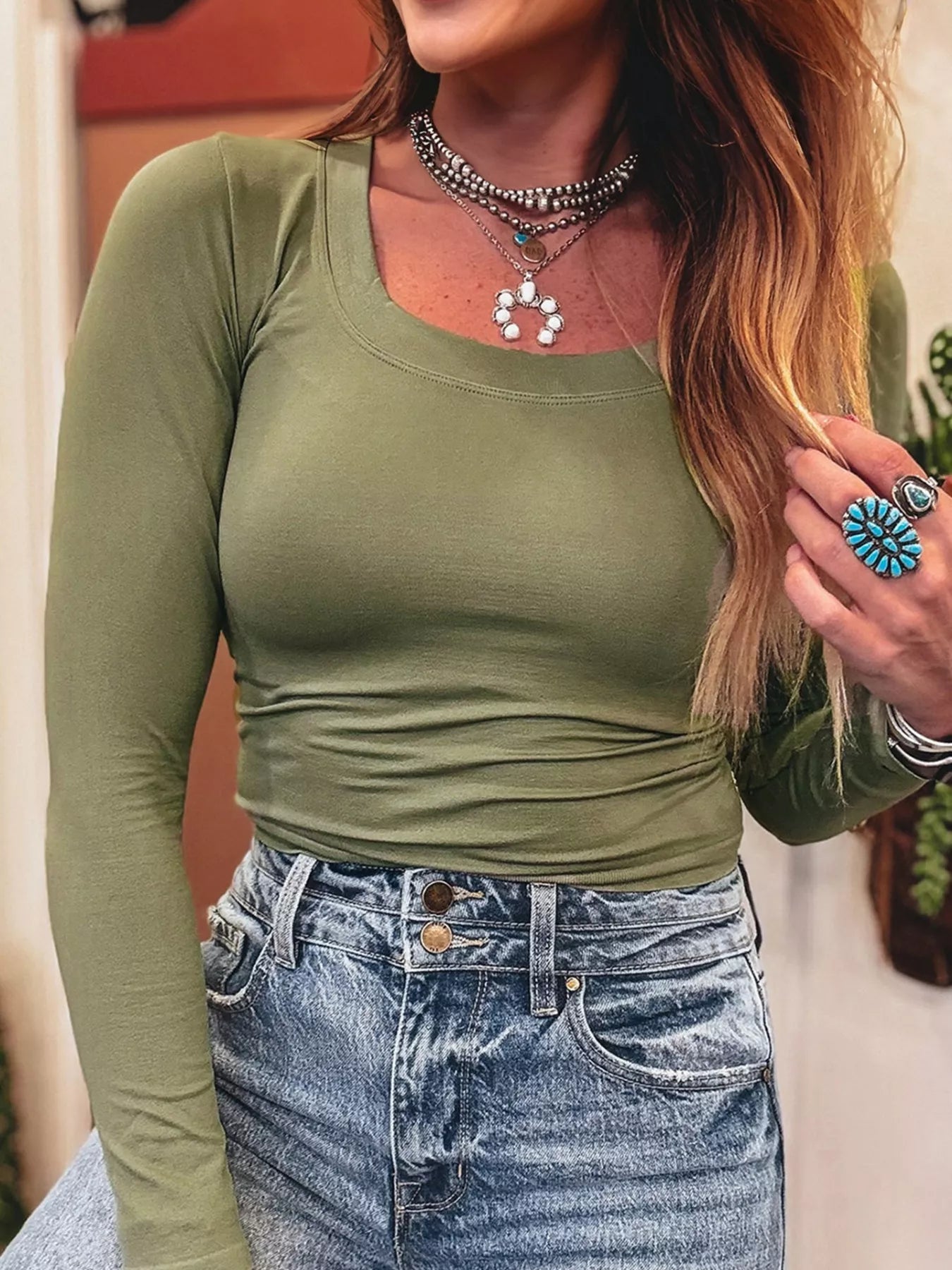 Sarah Express Women's Solid Color Long Sleeve Fitted Top Moss