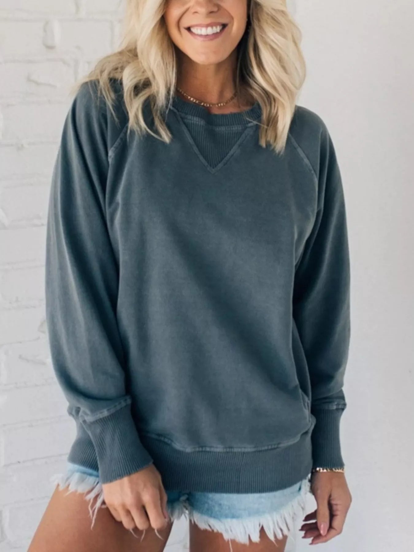 Sarah Express Women's Crew Neck Raglan Sleeve Sweatshirt - Casual Pullover Top French Blue