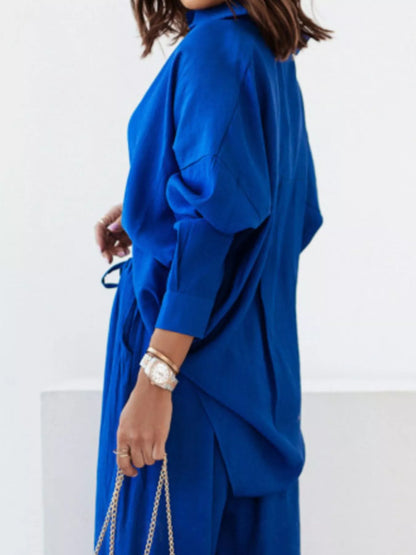 Sarah Express Women's Plus Size Button Up Shirt and Pants Two-Piece Set - Relaxed Fit Casual Outfit