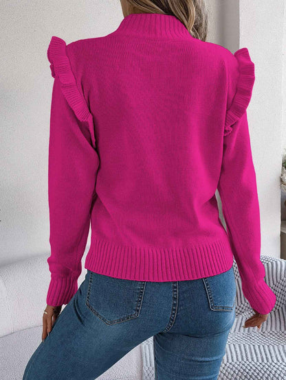 Sarah Express Women's Ruffled Mock Neck Pullover Sweater - Solid Color Long Sleeve Knitwear
