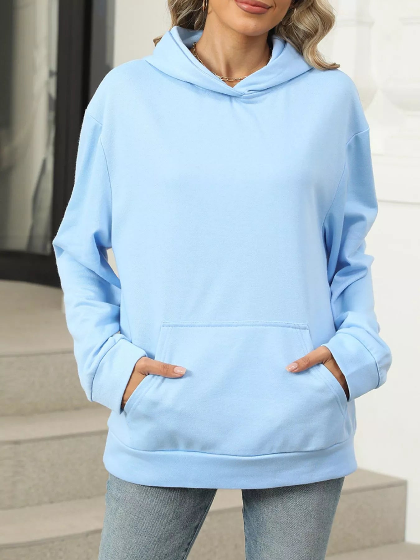 Sarah Express Women's Kangaroo Pocket Long Sleeve Hoodie Light Blue