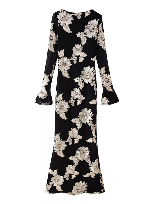 Sarah Express Women's Floral Flounce Sleeve Round Neck Dress