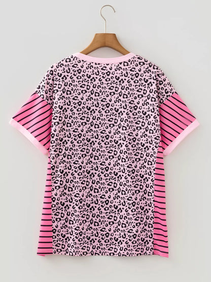 Sarah Express Women's Leopard Striped Patchwork Side Slit Loose Short Sleeve Top