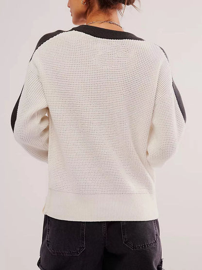 Sarah Express Women's Color Block Waffle Knit Sweater - Crew Neck Long Sleeve Pullover