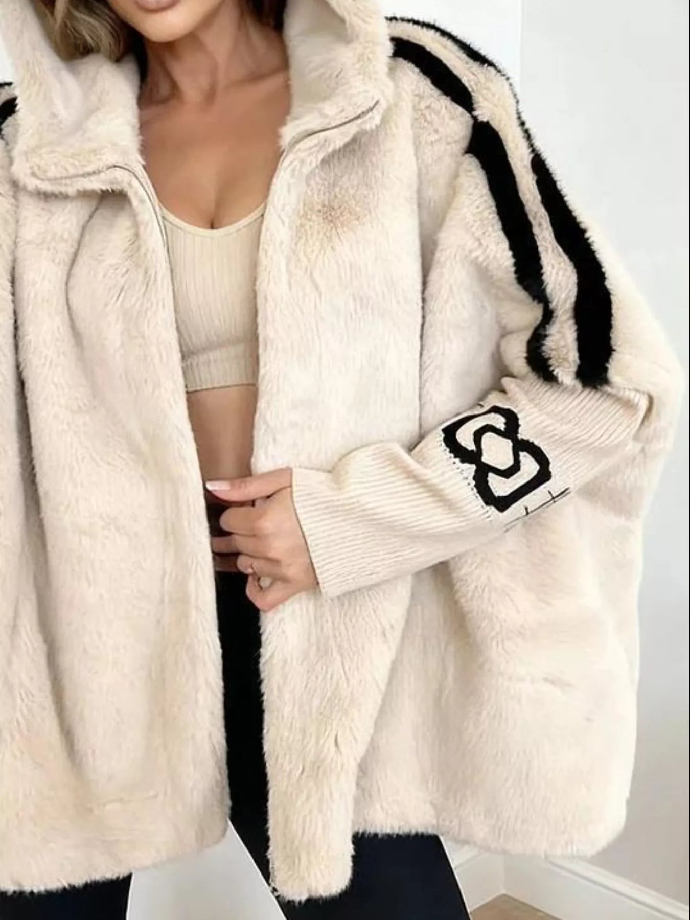 Sarah Express Women's Hooded Faux Fur Striped Trim Outerwear Jacket