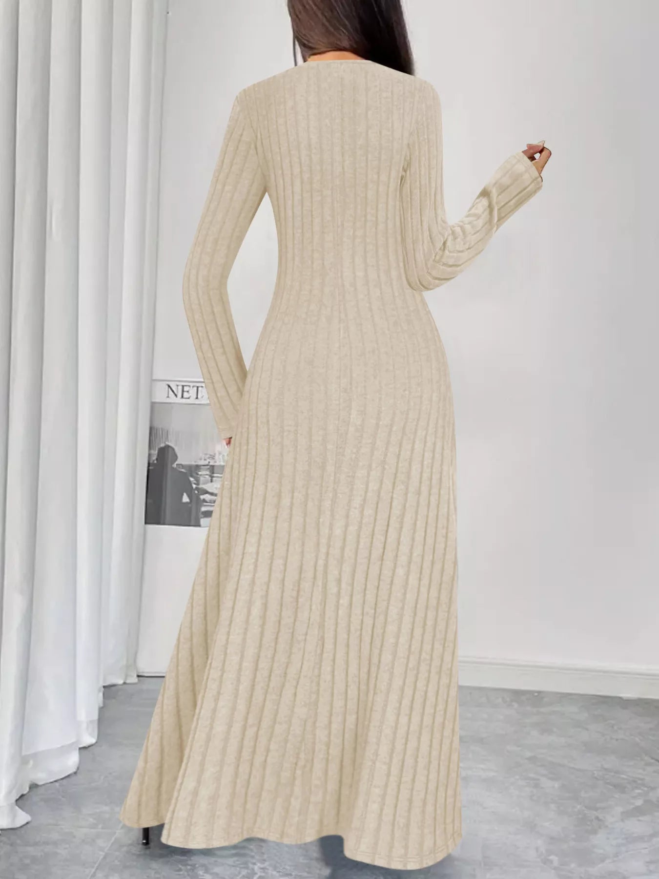 Sarah Express Women's Ribbed Knit V-Neck Maxi Dress - Button Front Long Dress