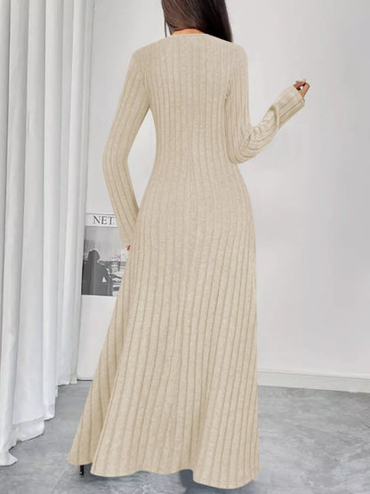 Sarah Express Women's Ribbed Knit V-Neck Maxi Dress - Button Front Long Dress