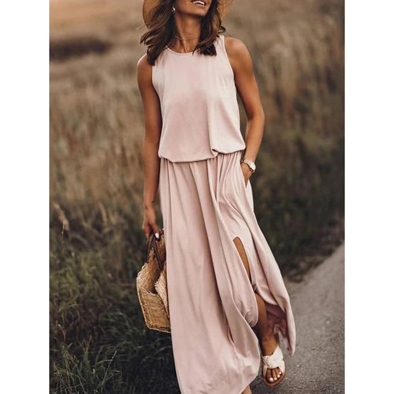 Sarah Express Women's Sleeveless Round Neck Dress with Side Split Solid Color