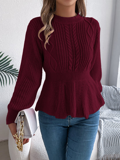 Sarah Express Women's Solid Color Cable Knit Pullover Sweater with Scallop Sleeves