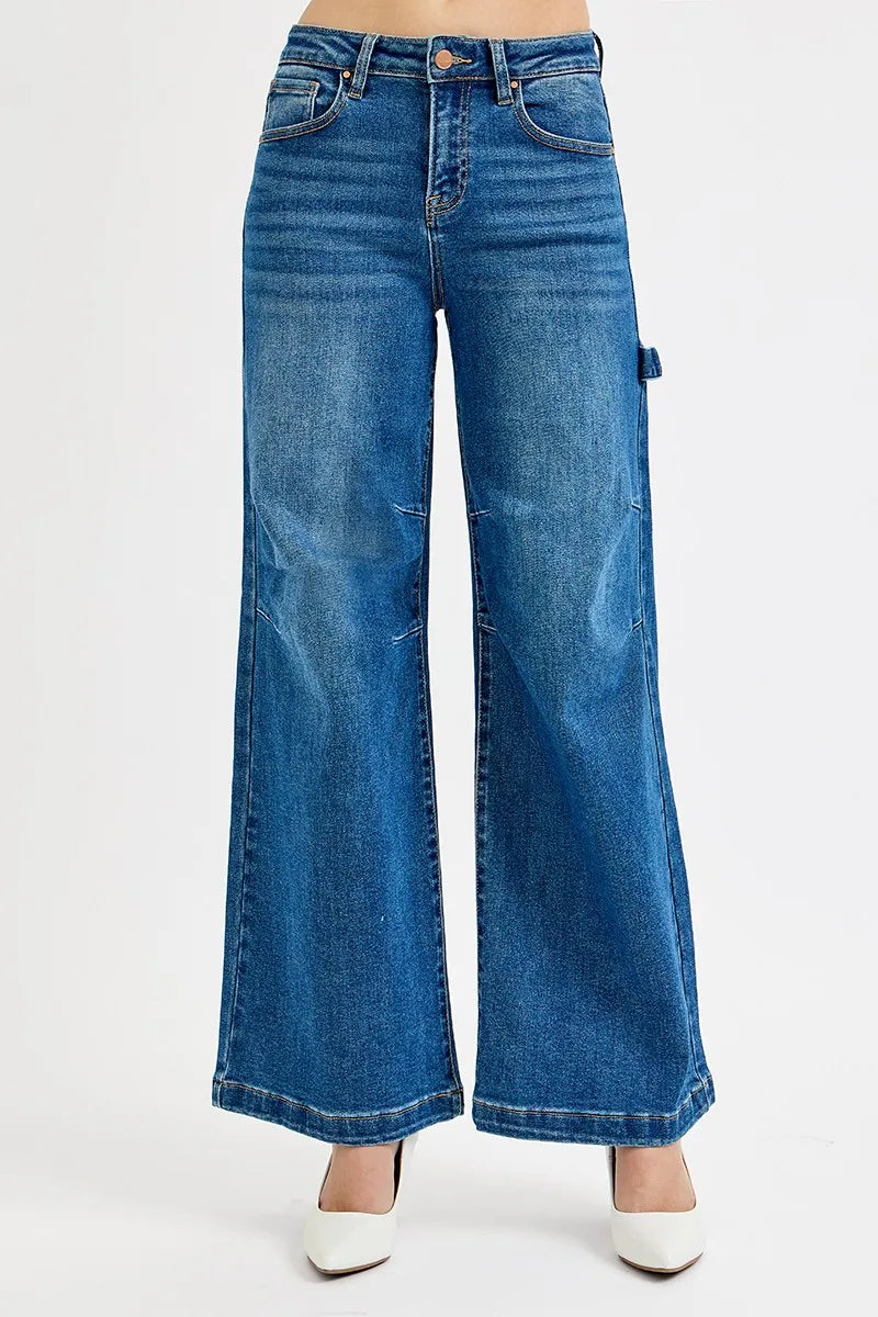 Sarah Express Women’s Plus Size High Rise Wide Leg Jeans with Patch Detail