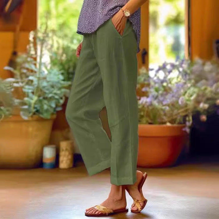 Sarah Express Women's Cotton Straight Leg Pants - Casual Mid-Waist Loose Fit Trousers