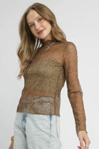 Sarah Express Women’s Sheer Lace and Mesh Long Sleeve Top for Evening