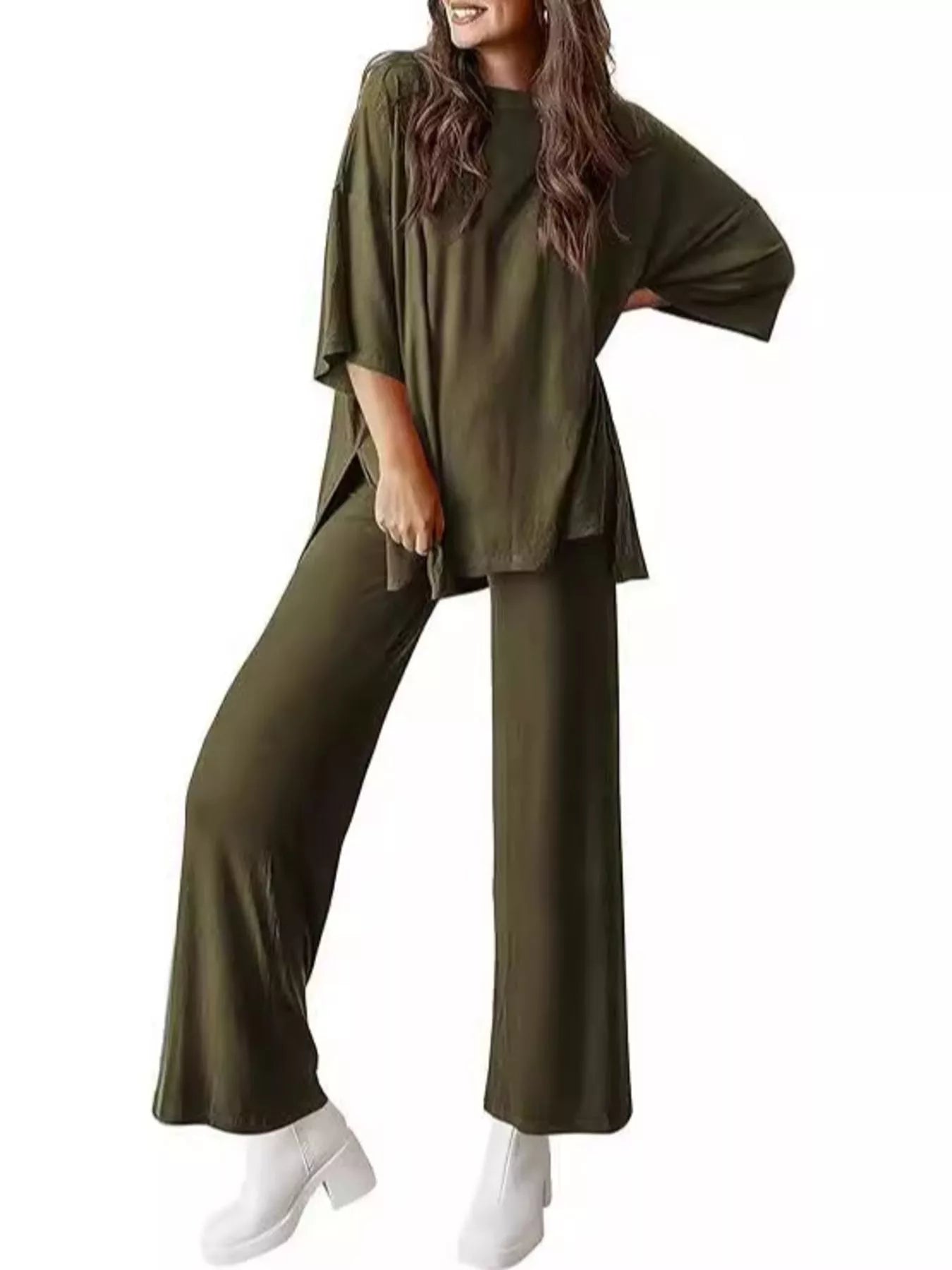 Sarah Express Relaxed Fit Round Neck Top and Pants Two-Piece Lounge Set Army Green