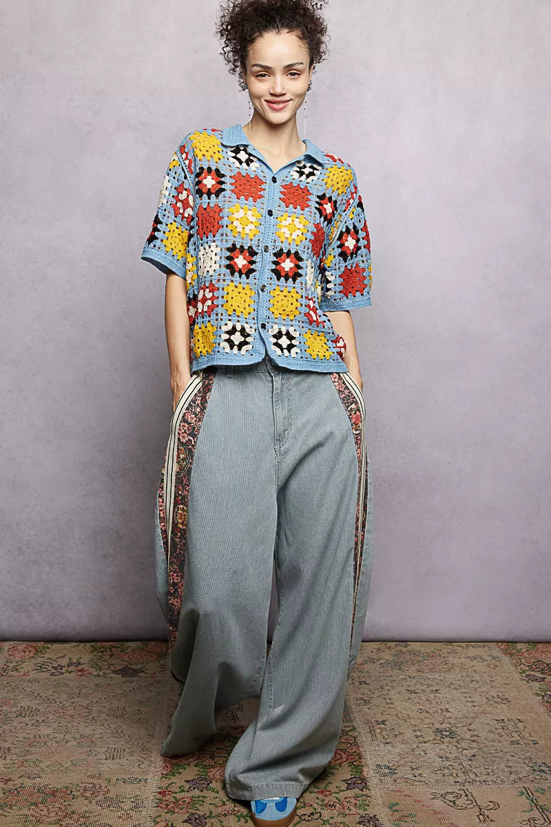 Sarah Express Women's Crochet Short Sleeve Button Down Shirt - Retro Color Block Knit Blouse