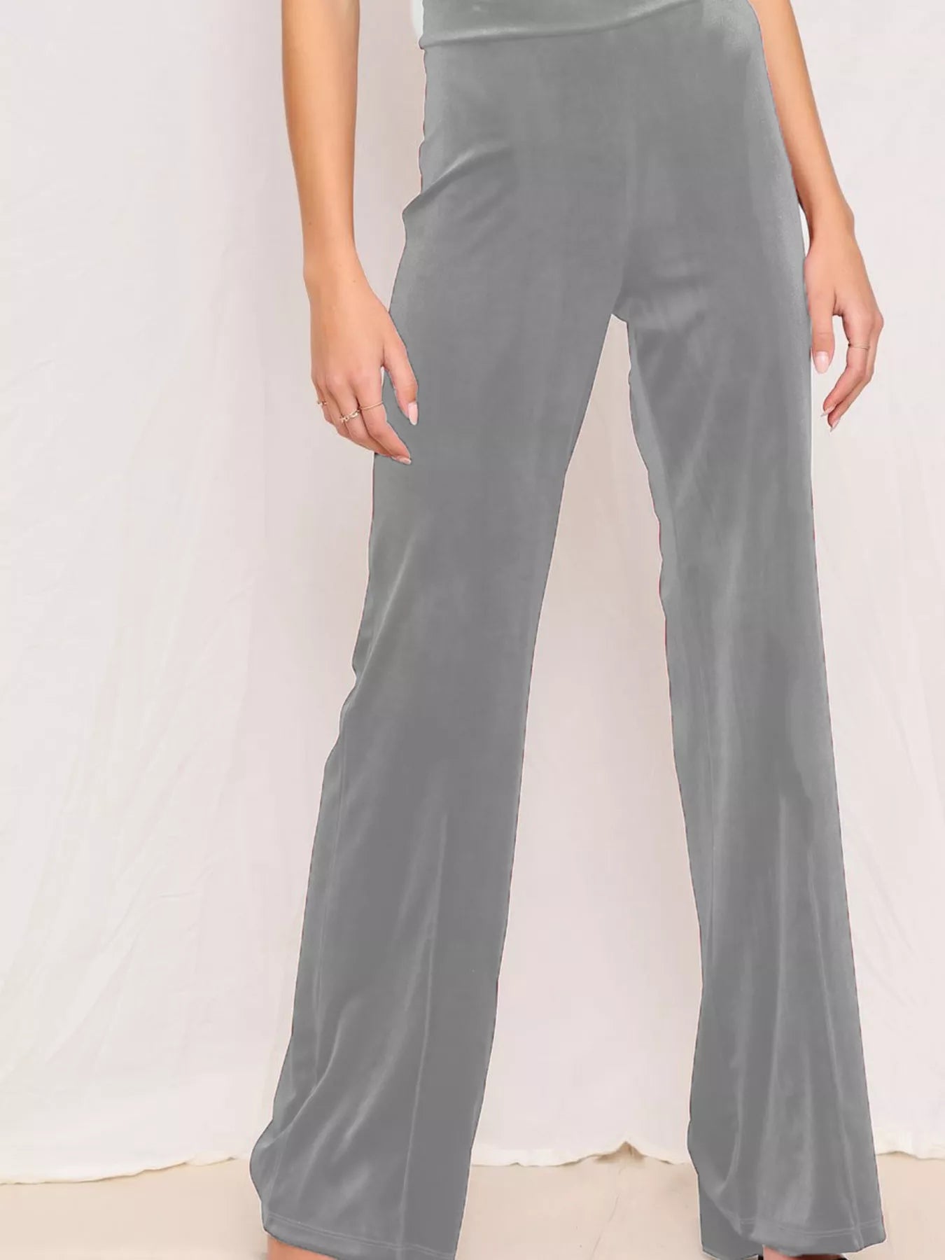 Sarah Express Women's Velvet Wide Leg Pants - High Waist Palazzo Trousers Plus Size Silver Gray