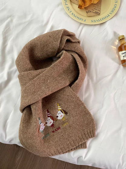 Sarah Express Women's Embroidered Dog Plush Scarf Khaki ONESIZE