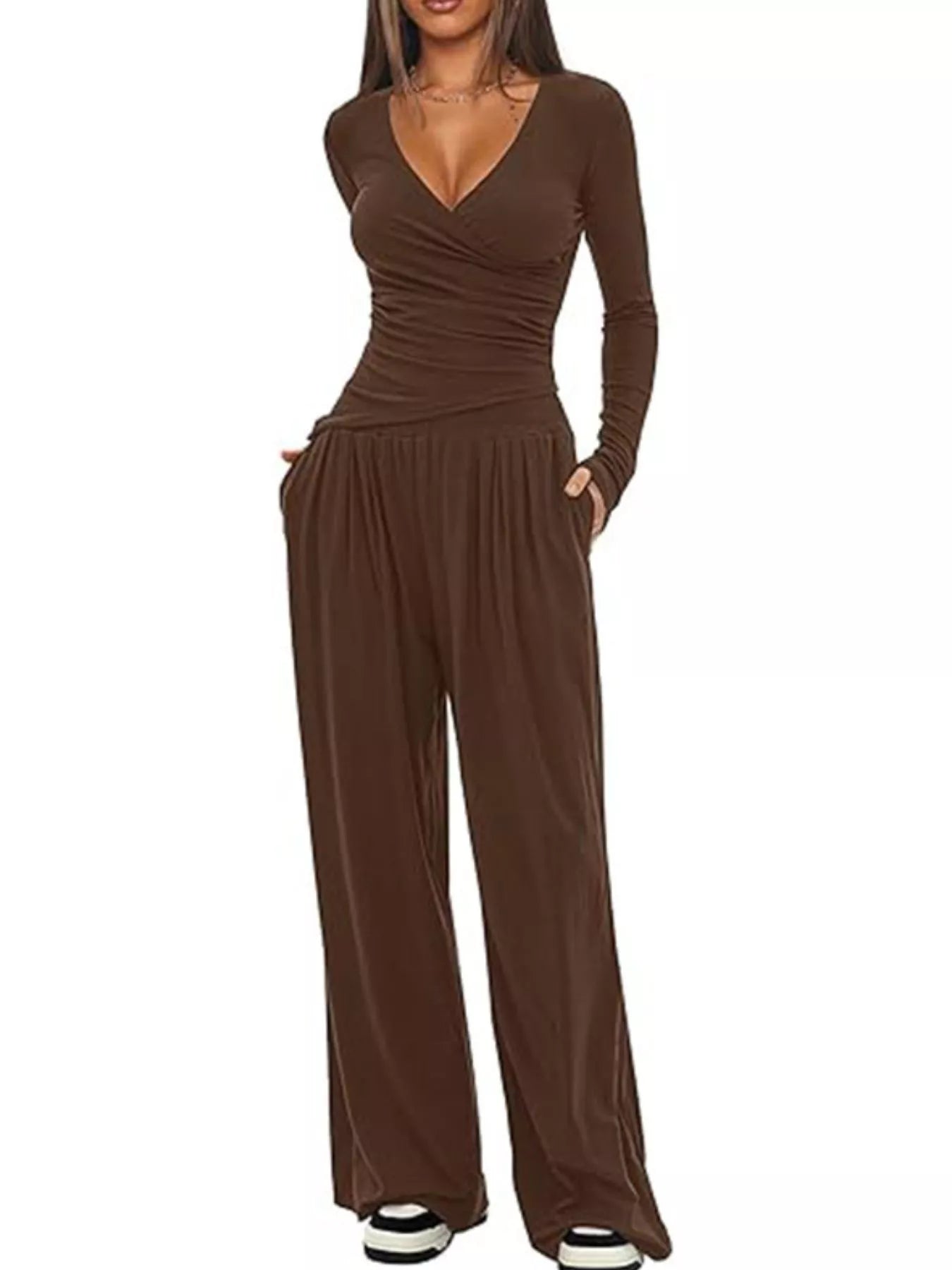 Sarah Express Women's Long Sleeve Top and Wide Leg Pants Set