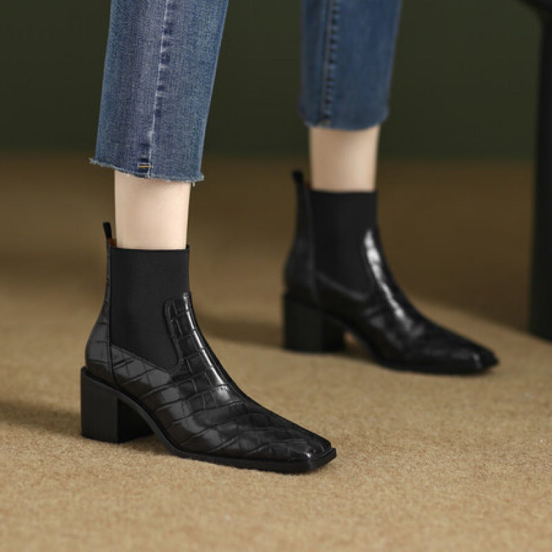 Sarah Express Women's Chunky Heel Square Toe Cowhide Leather Pumps | Minimalist Luxury Heels Black Fleece lined