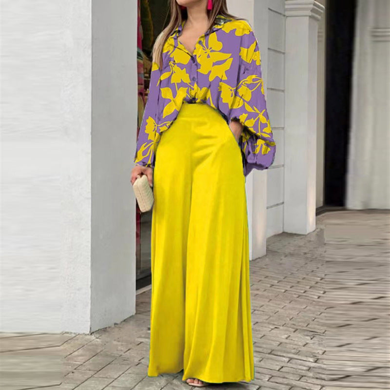 Sarah Express Women's Printed Shirt Wide Leg Pants Set Long Sleeve