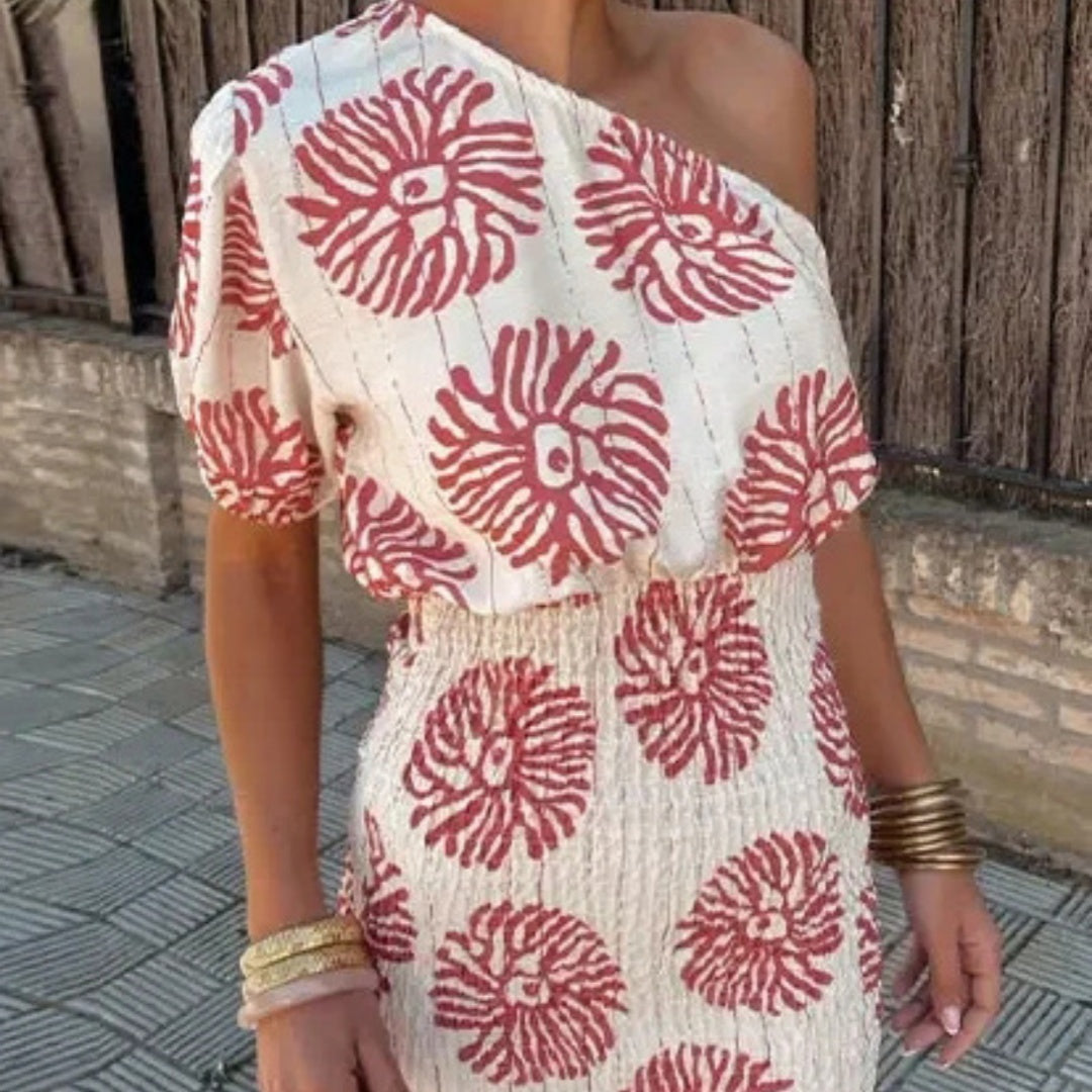 Sarah Express One Shoulder Printed Dress Red Asymmetric A-Line Party Dress