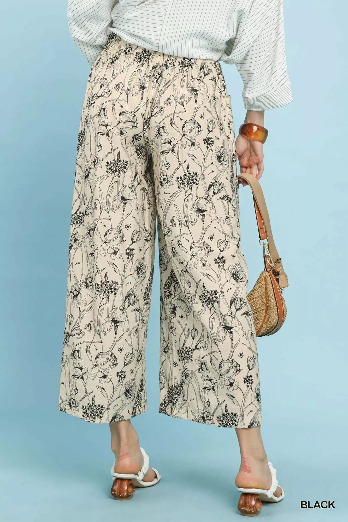 Sarah Express Women's Two Tone Floral Print Wide Leg Pants with Pockets - Elastic Waist Pleated Palazzo Pants
