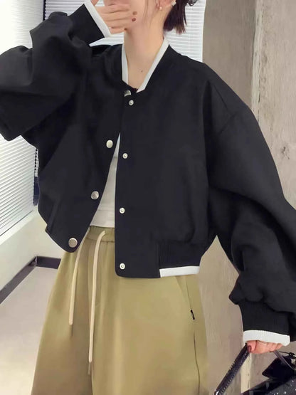 Sarah Express Women's Snap Button Cropped Jacket - Casual Lightweight Outerwear Black