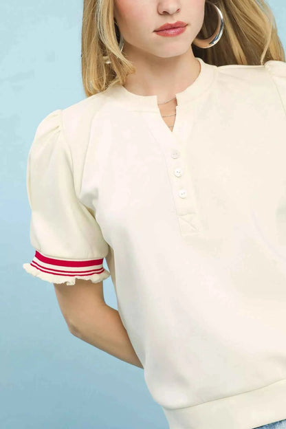 Sarah Express Women's Puff Sleeve Button Front Knit Top with Contrast Trim