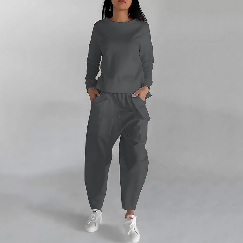 Sarah Express Women's Two Piece Sweatshirt Set - Long Sleeve Top with Back Slit & Loose Trousers with Pockets Grey