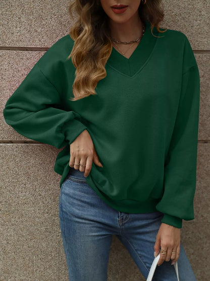 Sarah Express Women's V-Neck Solid Color Casual Sweatshirt Dark Green