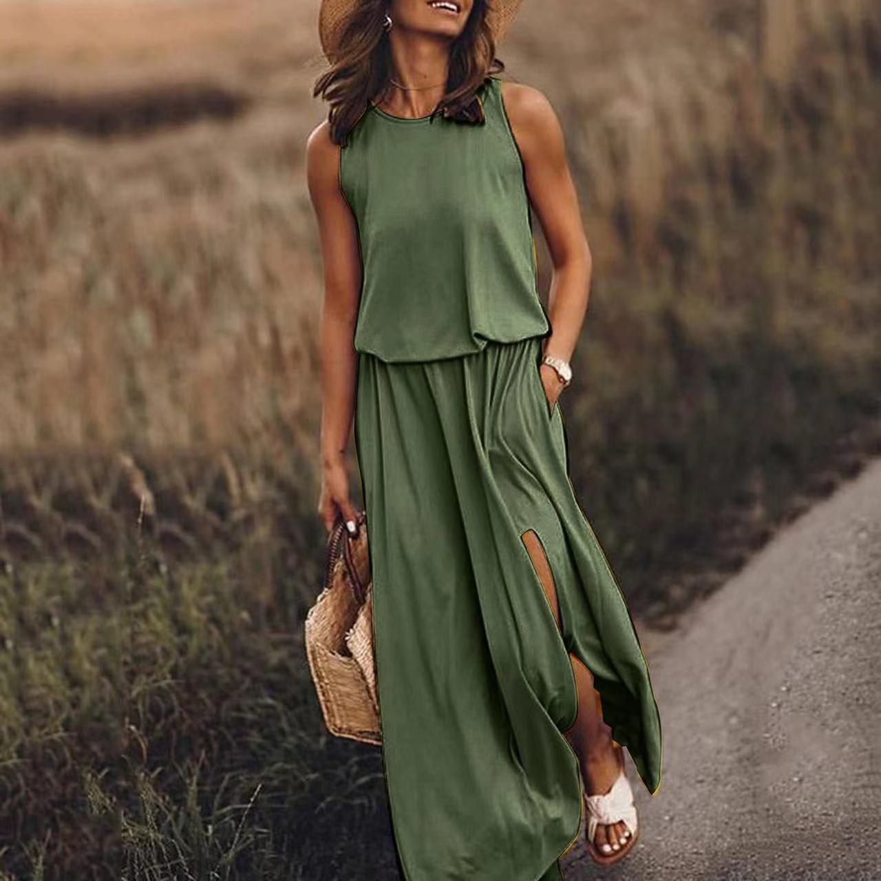 Sarah Express Women's Sleeveless Round Neck Dress with Side Split Solid Color