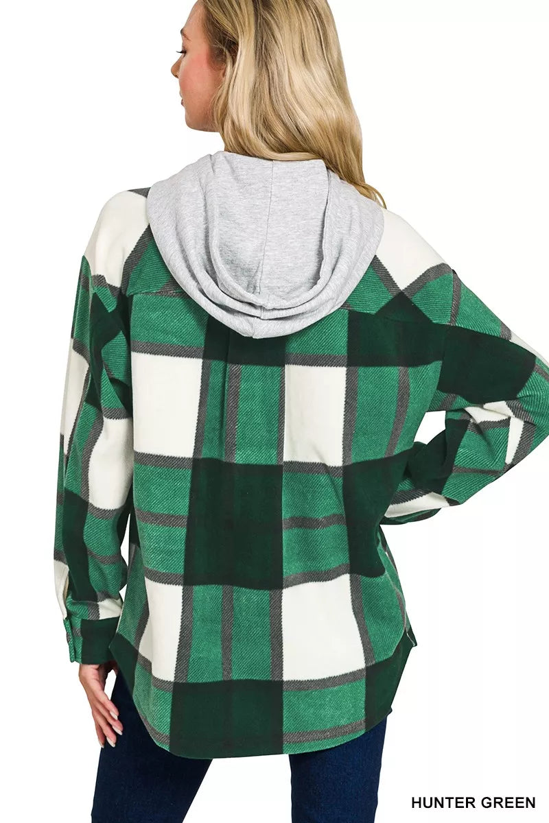 Sarah Express Women's Plaid Drawstring Hooded Fleece Shacket