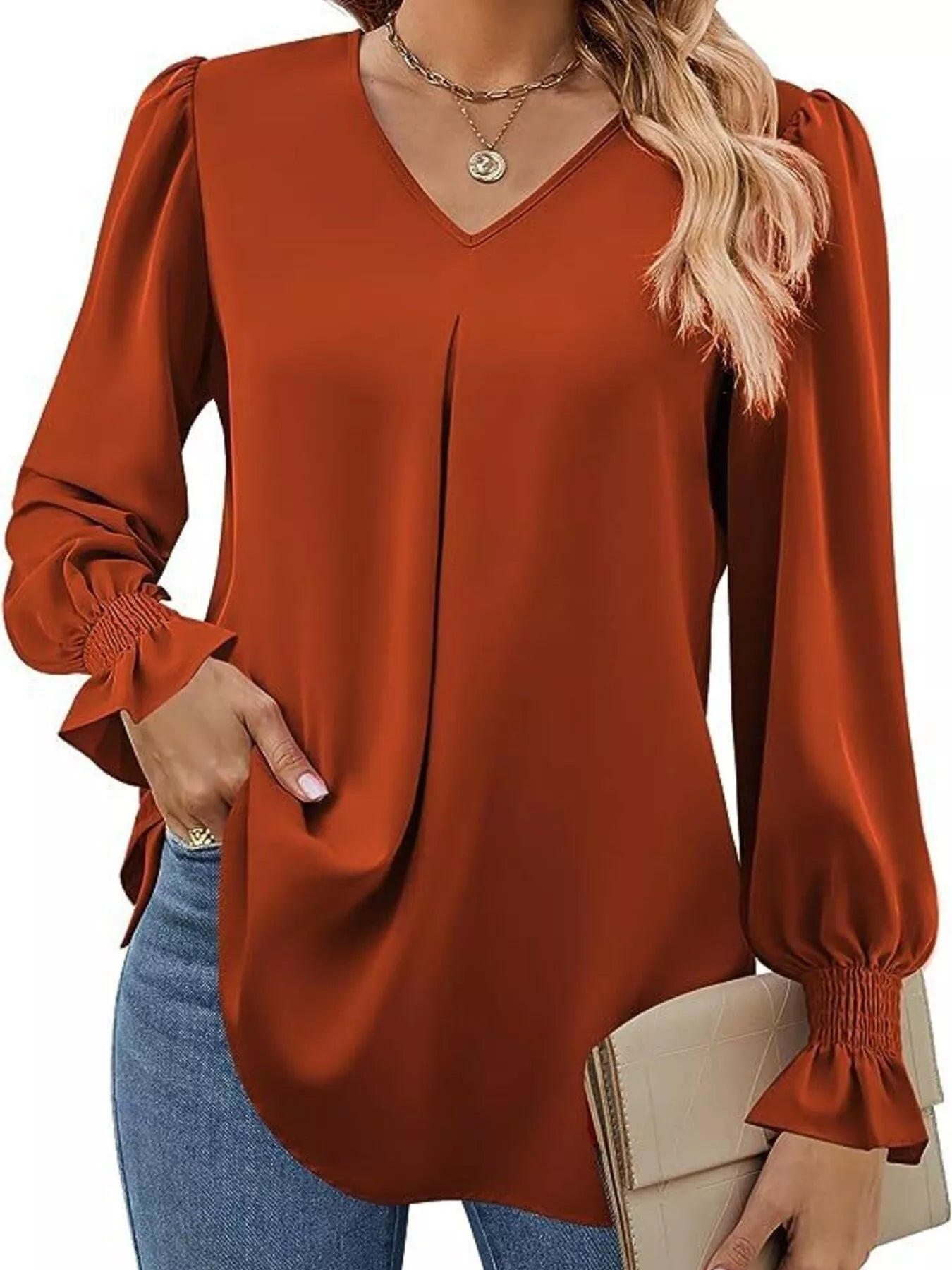 Sarah Express Women's V-Neck Long Sleeve Ruffle Cuff Blouse Caramel