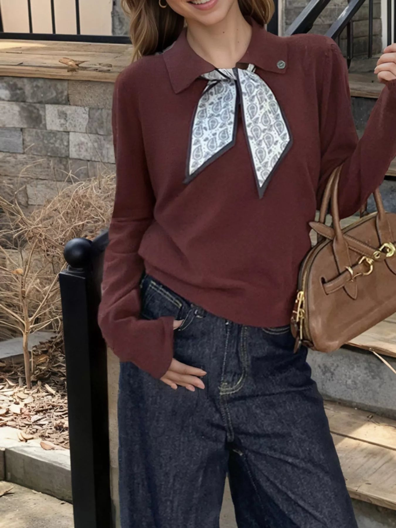 Sarah Express Women's Scarf-Accented Long Sleeve Sweater Burgundy One Size