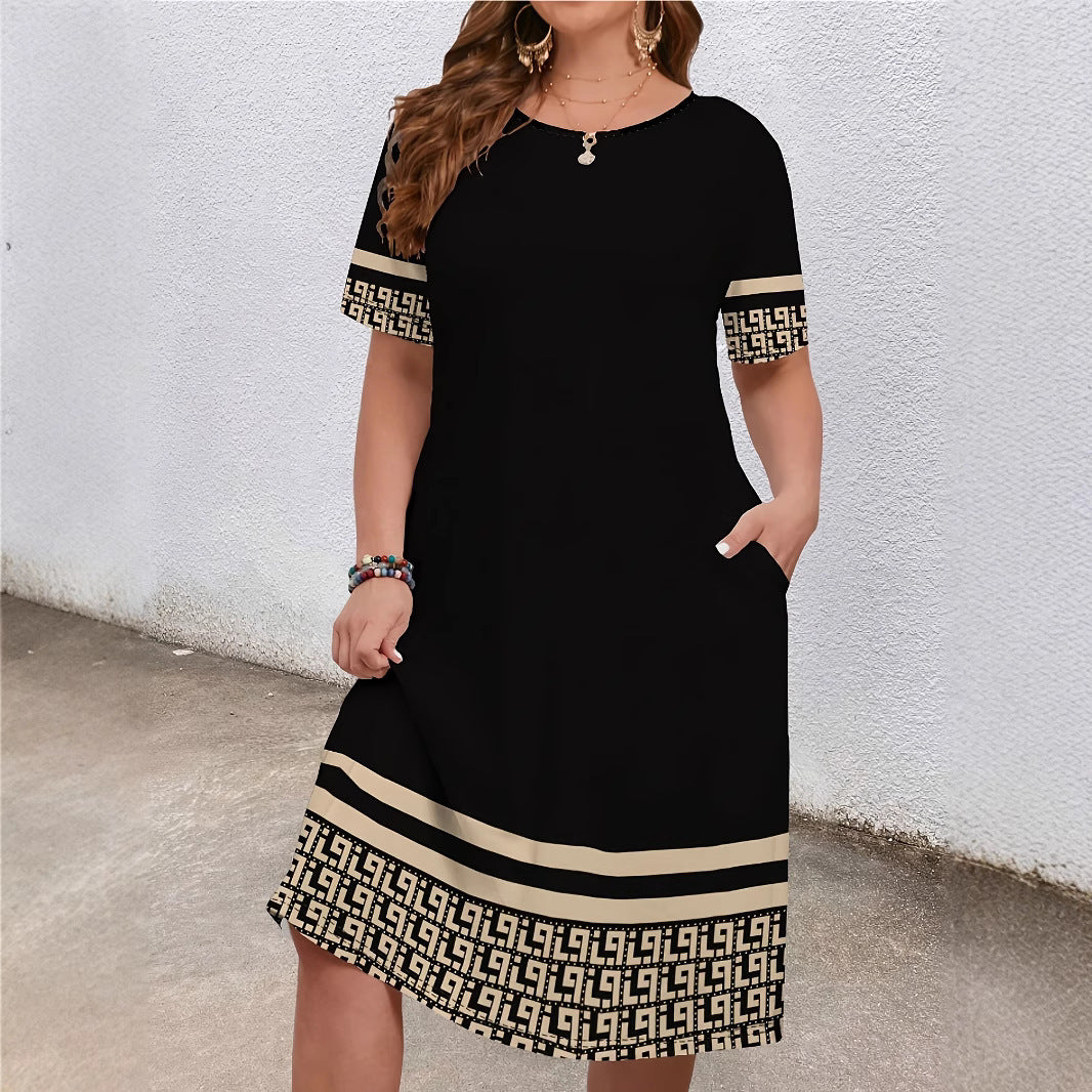 Sarah Express Women's Contrast Color Midi Dress Round Neck Short Sleeve Casual