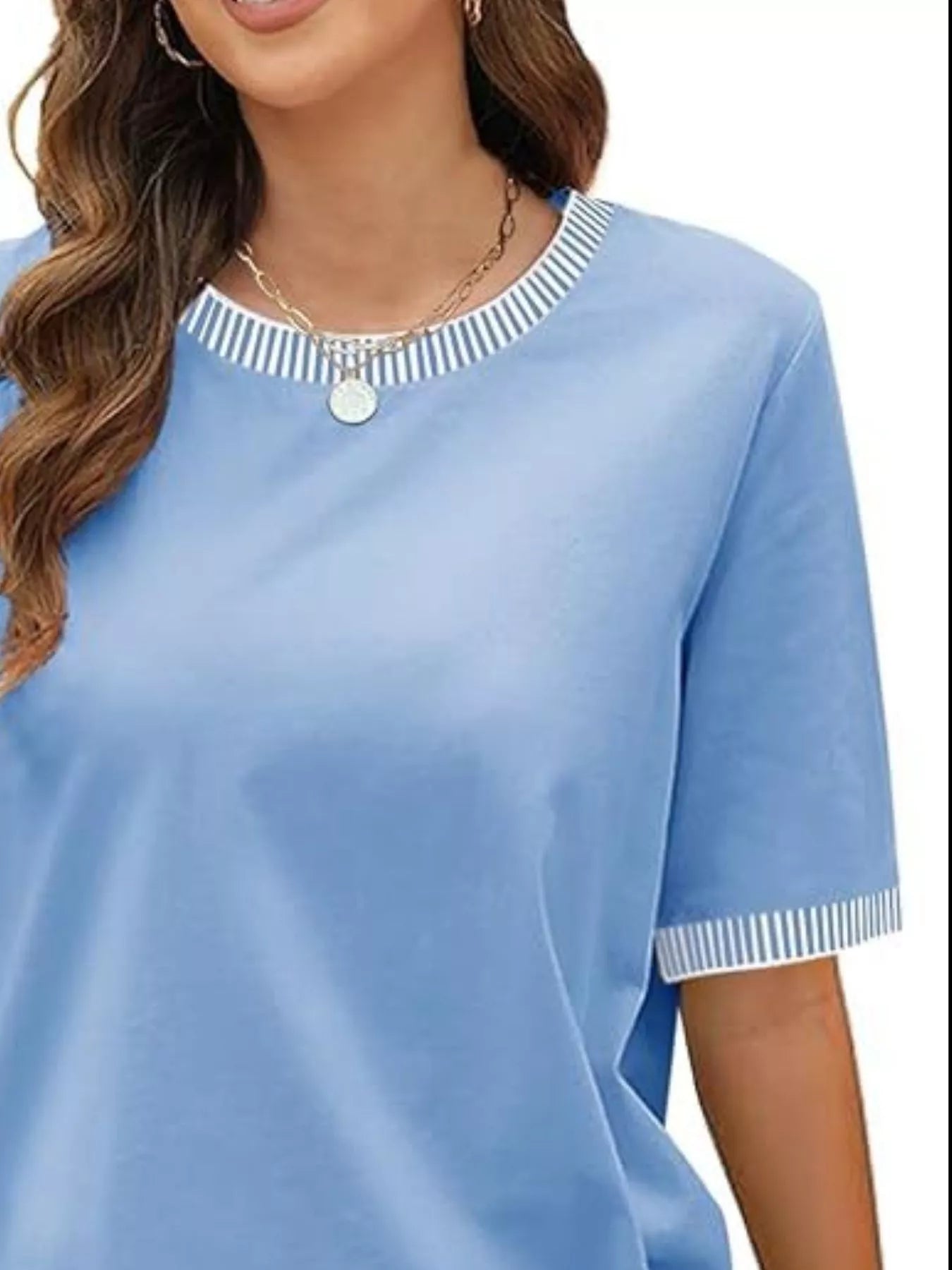 Sarah Express Women's Striped Trim Casual T-Shirt - Relaxed Fit Short Sleeve Top