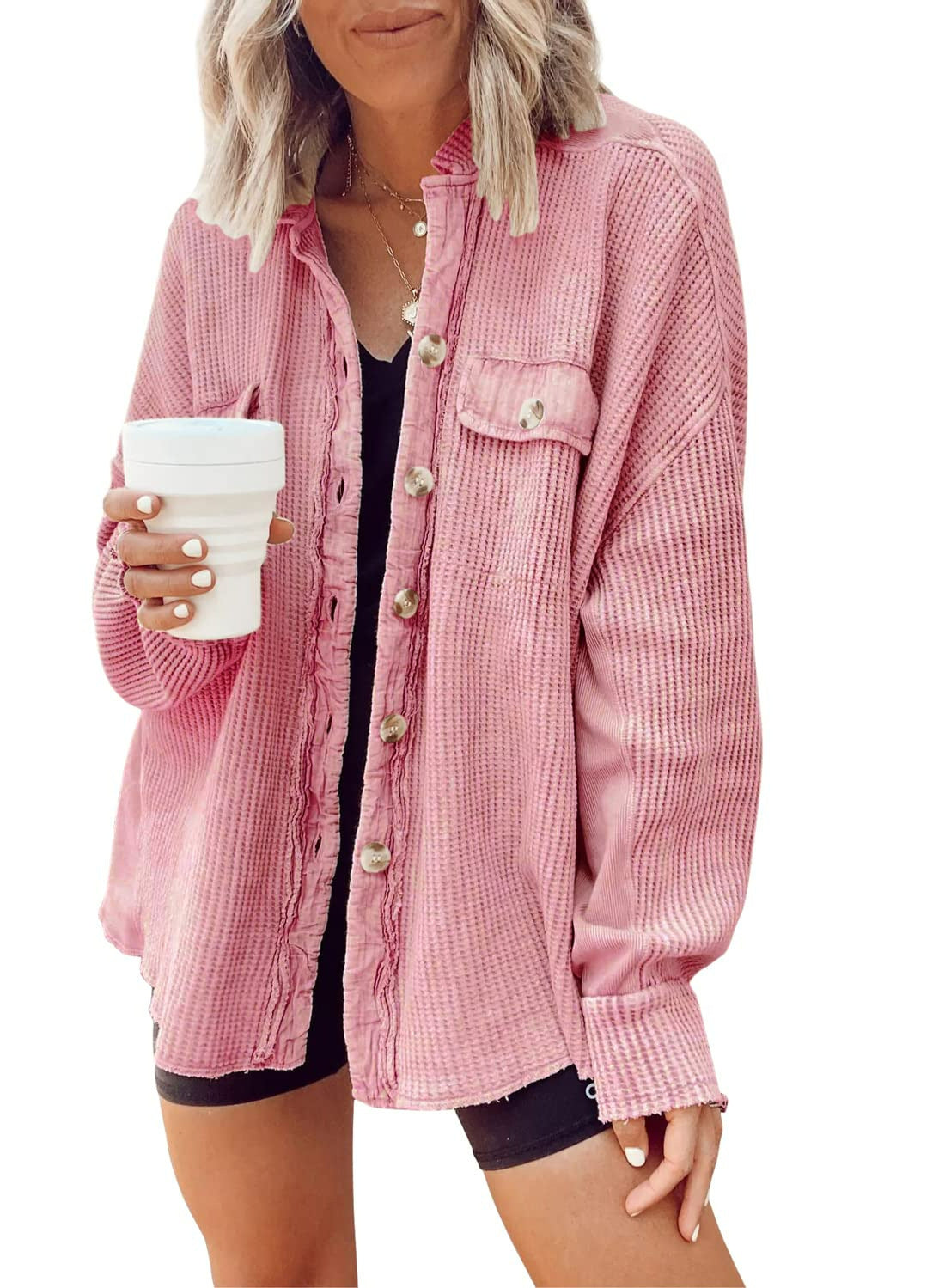 Sarah Express Patchwork Irregular Shirt Jacket Loose Fit Long Sleeve Acrylic Outerwear