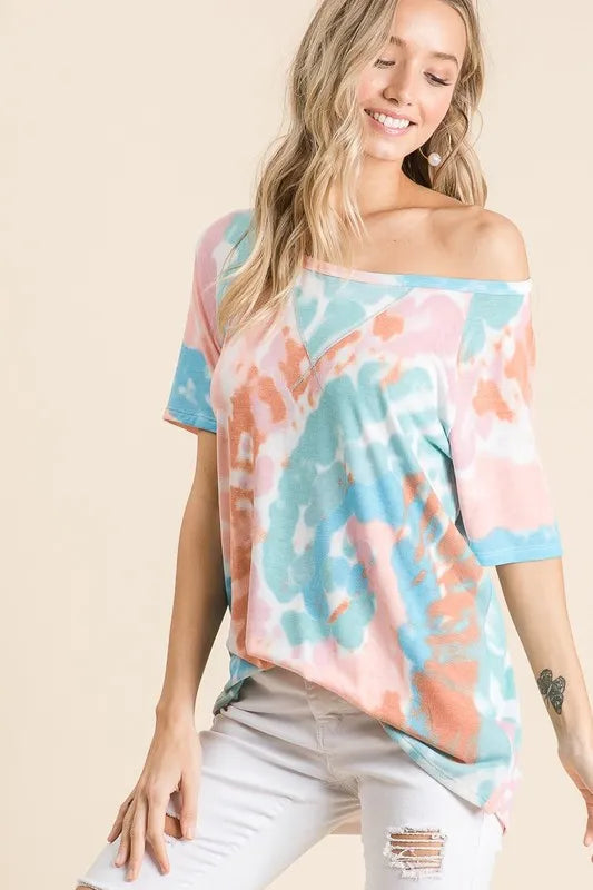 Sarah Express Women's Tie Dye Print Short Sleeve T-Shirt with Raglan Sleeves