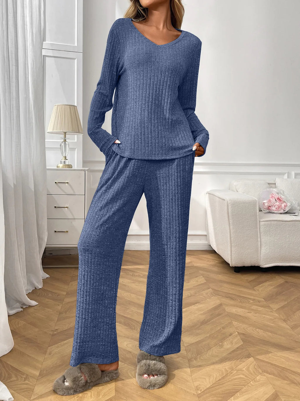 Sarah Express Women's Ribbed Long Sleeve Top and Pants Lounge Set Blue