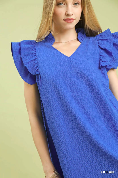 Sarah Express Women's Seersucker Ruffle Shift Dress