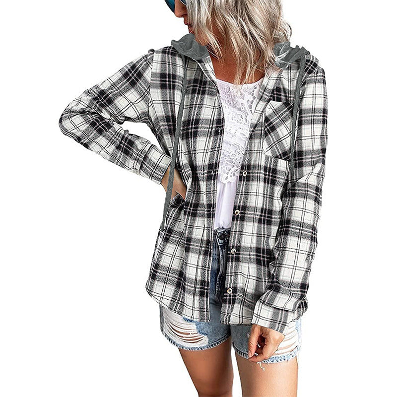 Sarah Express Women's Plaid Hooded Shirt Jacket Casual Loose Fit Pullover Top